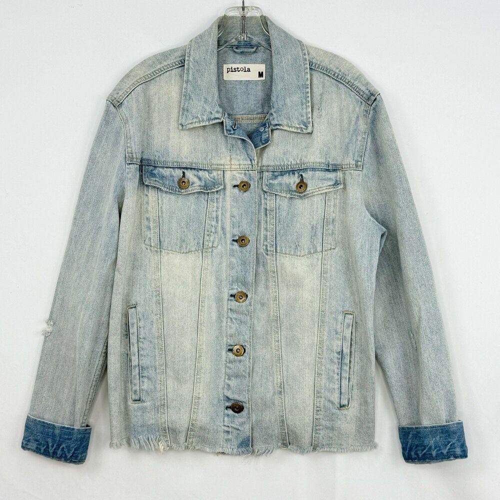 Pistola Cropped Denim Long Sleeve Jacket Raw Hem Size Medium Blue - Picture 2 of 16